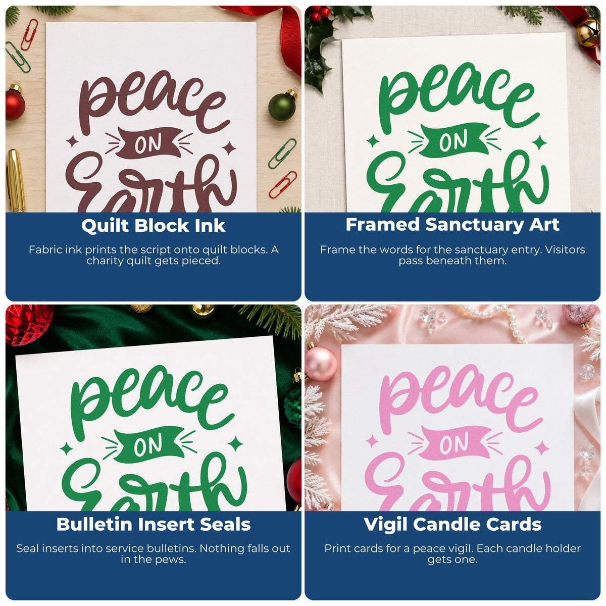 Four ways to use the Peace On Earth Pre-Inked Stamp – PSI: quilt block ink, framed sanctuary art, bulletin insert seals and vigil candle cards.
