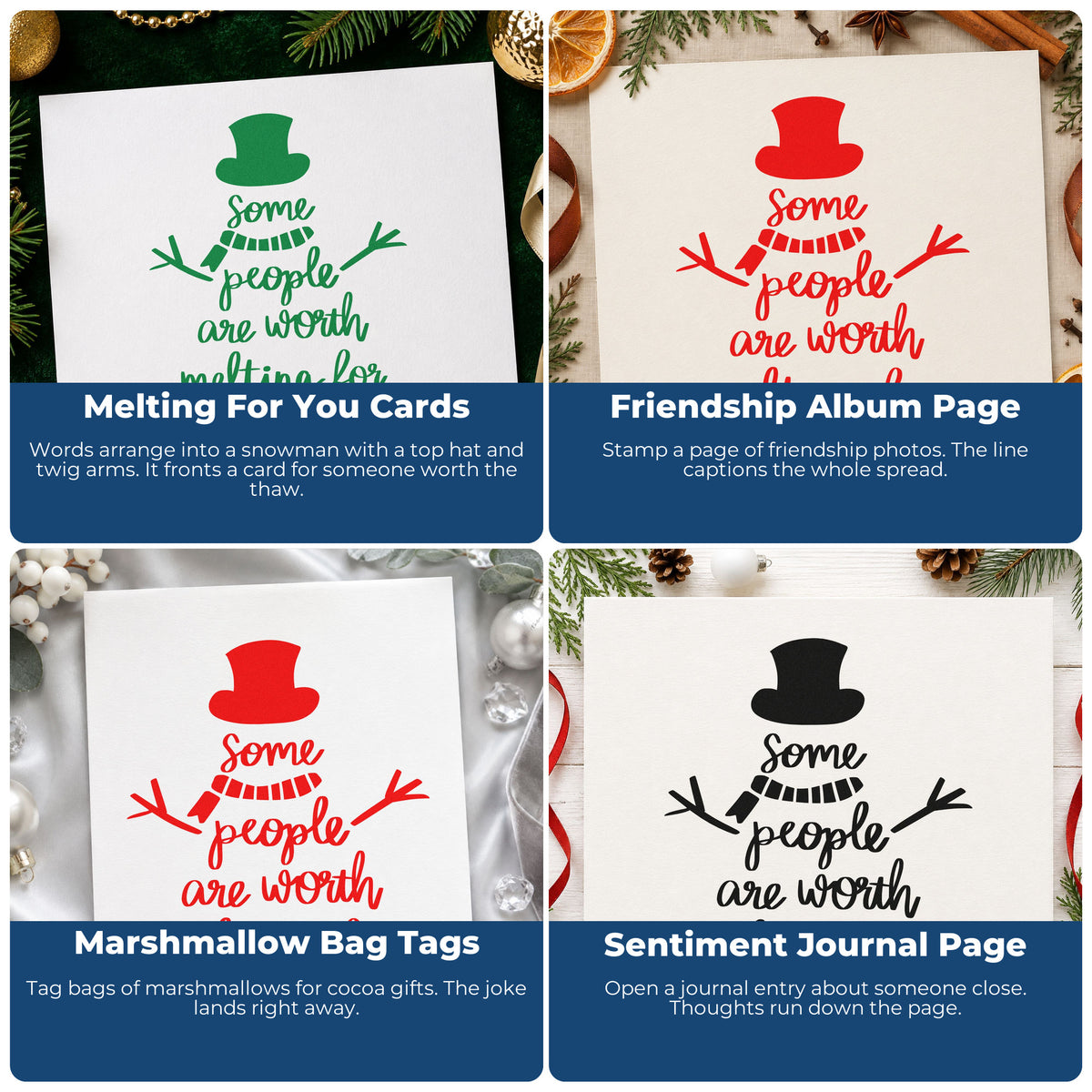 Four ways to use the Worth Melting For Snowman Pre-Inked Stamp – Slim: melting for you cards, friendship album page, marshmallow bag tags and sentiment journal page.