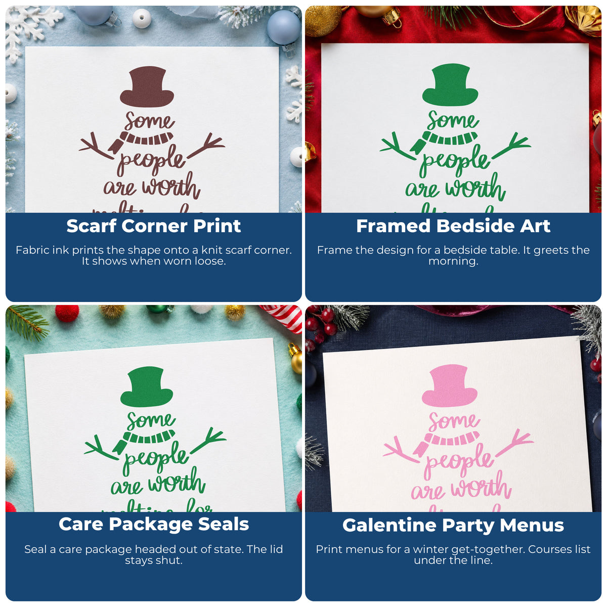 Four ways to use the Worth Melting For Snowman Pre-Inked Stamp – Slim: scarf corner print, framed bedside art, care package seals and galentine party menus.