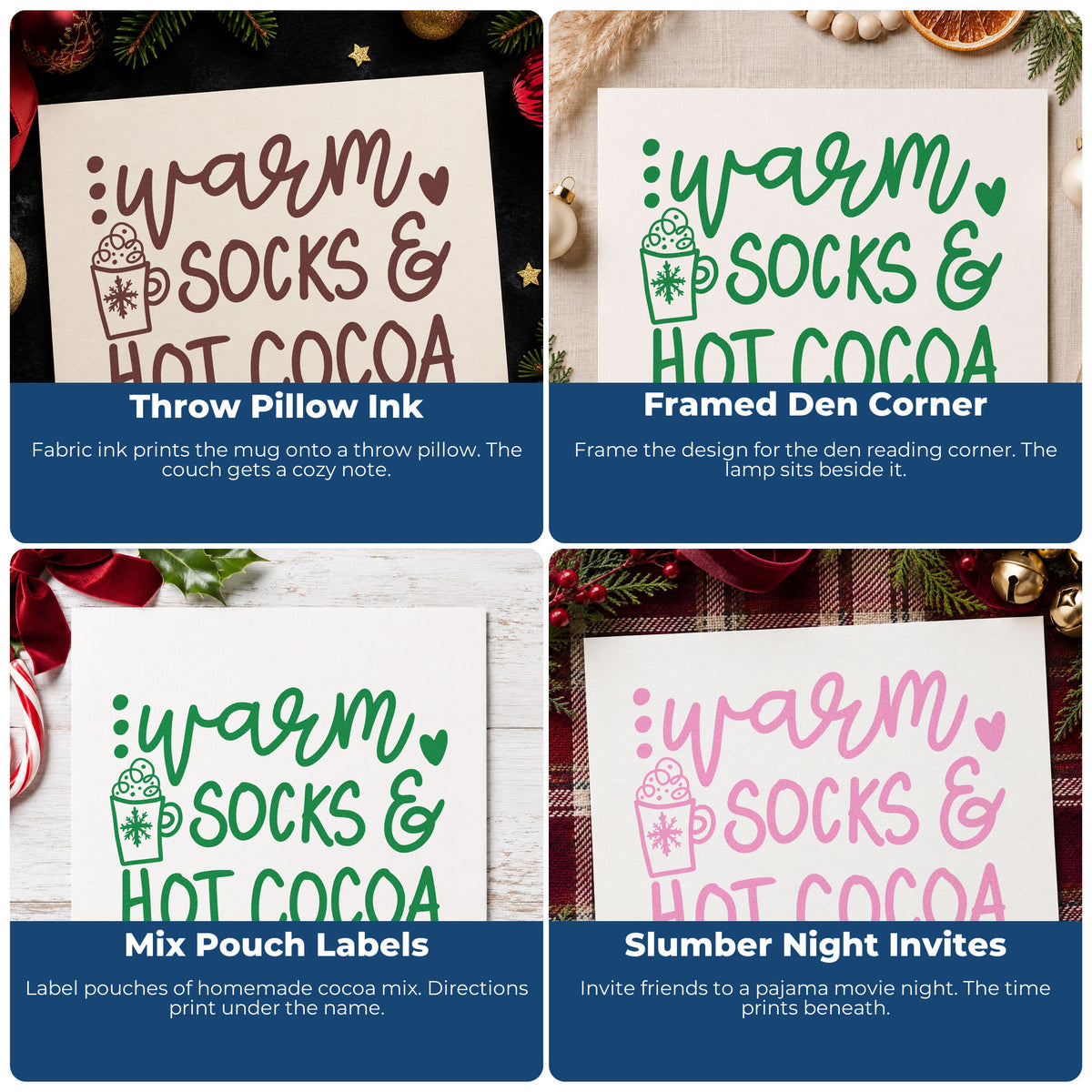 Four ways to use the Warm Socks & Hot Cocoa Snowflakes Slim Pre-Inked Stamp: throw pillow ink, framed den corner, mix pouch labels and slumber night invites.