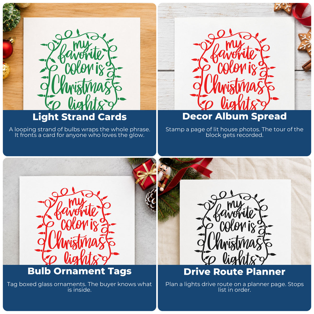 Four ways to use the My Favorite Color Is Christmas Lights PSI Pre-Inked Stamp: light strand cards, decor album spread, bulb ornament tags and drive route planner.