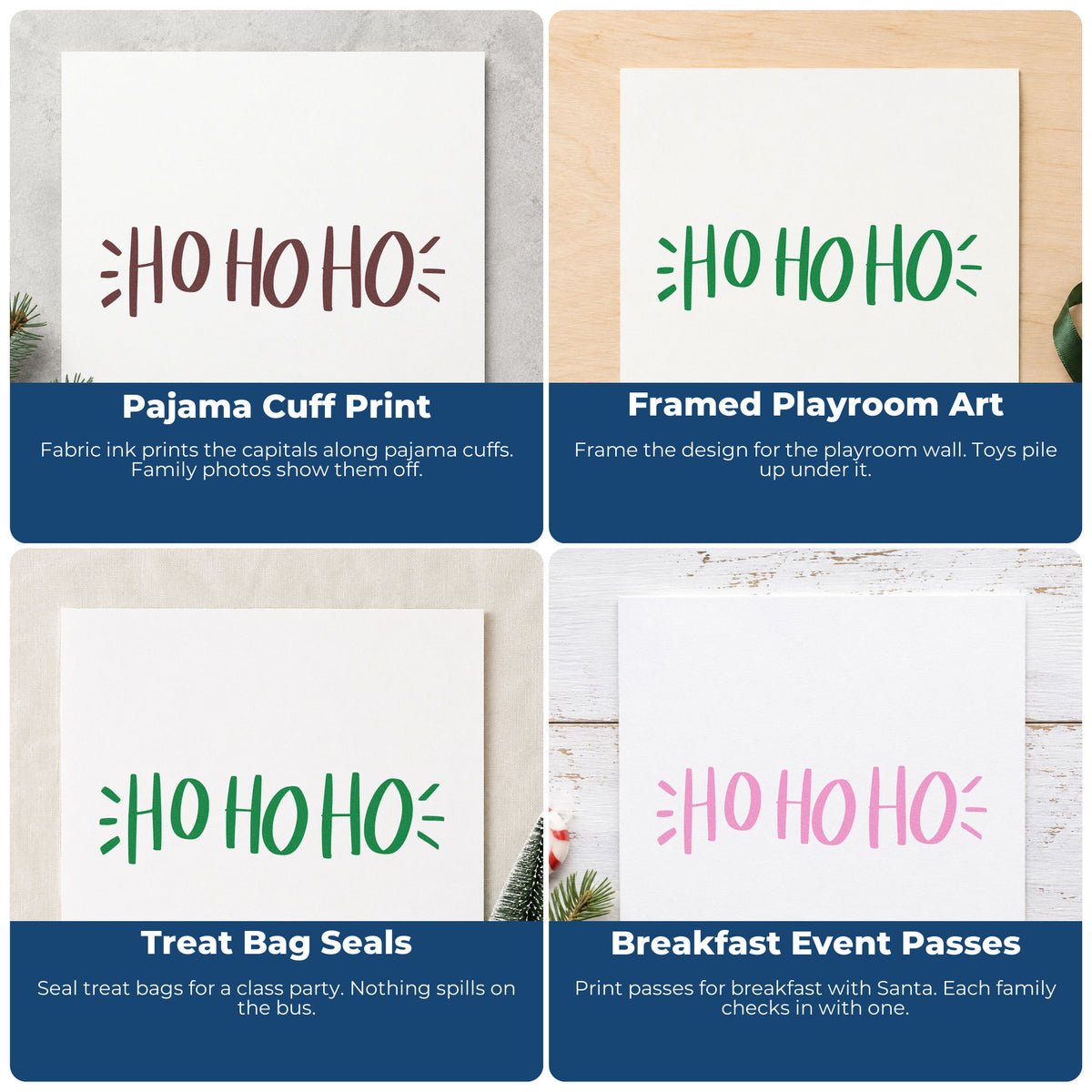 Four ways to use the Ho Ho Ho Stamp - Premium Vintage Pro Wooden: pajama cuff print, framed playroom art, treat bag seals and breakfast event passes.