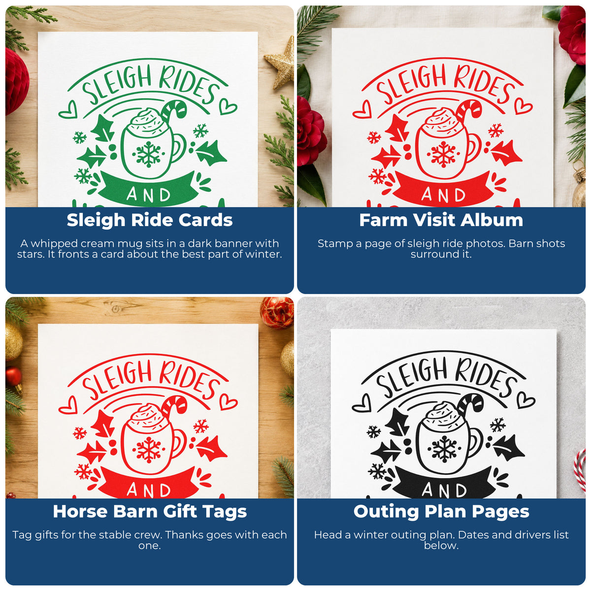 Four ways to use the Sleigh Rides And Hot Cocoa Stamp – Slim Pre-Inked: sleigh ride cards, farm visit album, horse barn gift tags and outing plan pages.