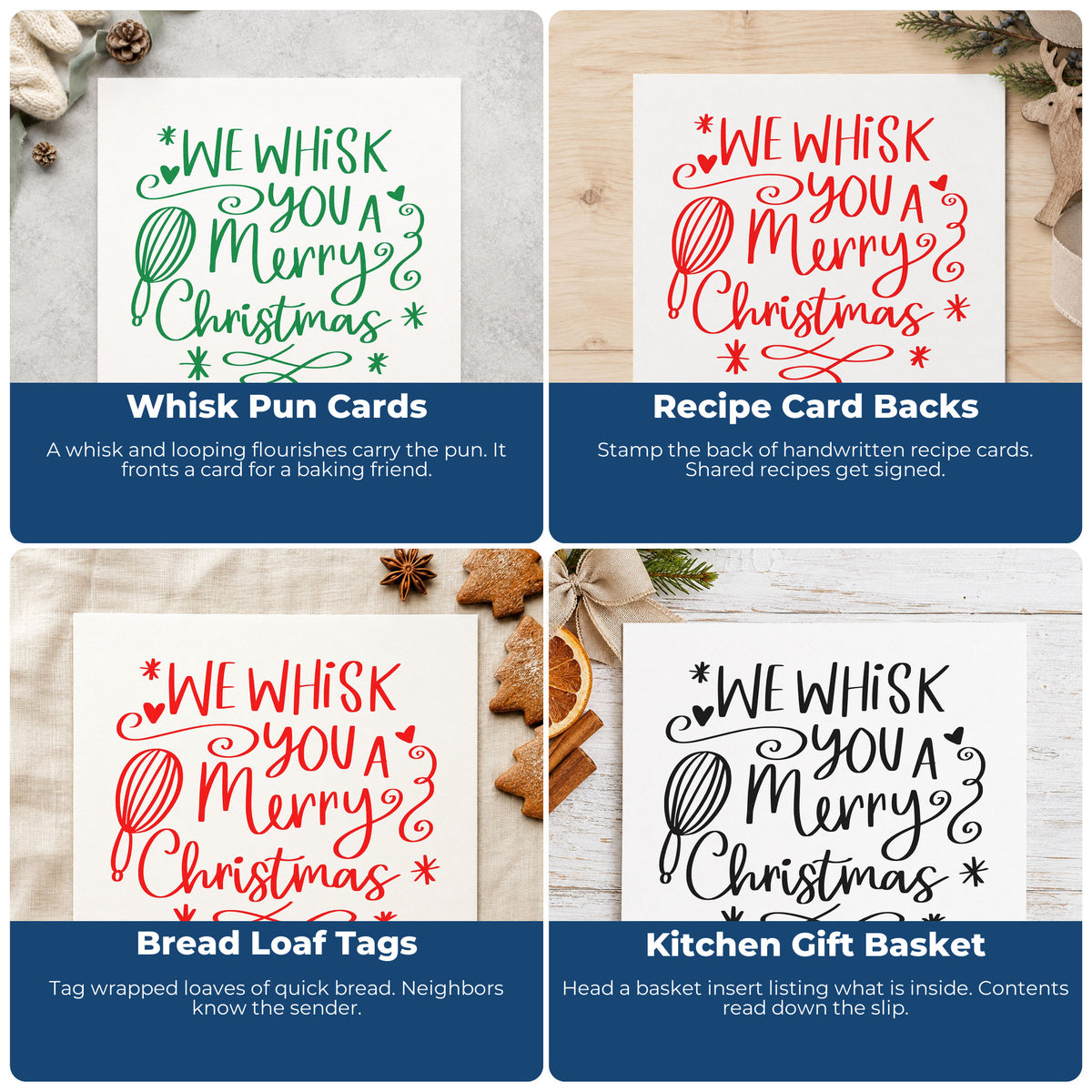 Four ways to use the We Whisk Merry Christmas Premium Wooden Stamp - Vintage Pro: whisk pun cards, recipe card backs, bread loaf tags and kitchen gift basket.