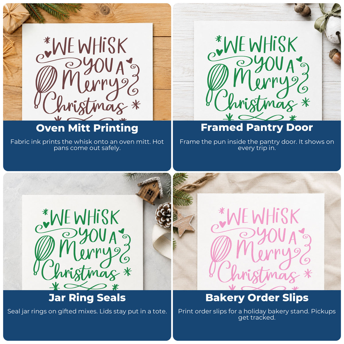 Four ways to use the We Whisk Merry Christmas Wood Handle Stamp: oven mitt printing, framed pantry door, jar ring seals and bakery order slips.