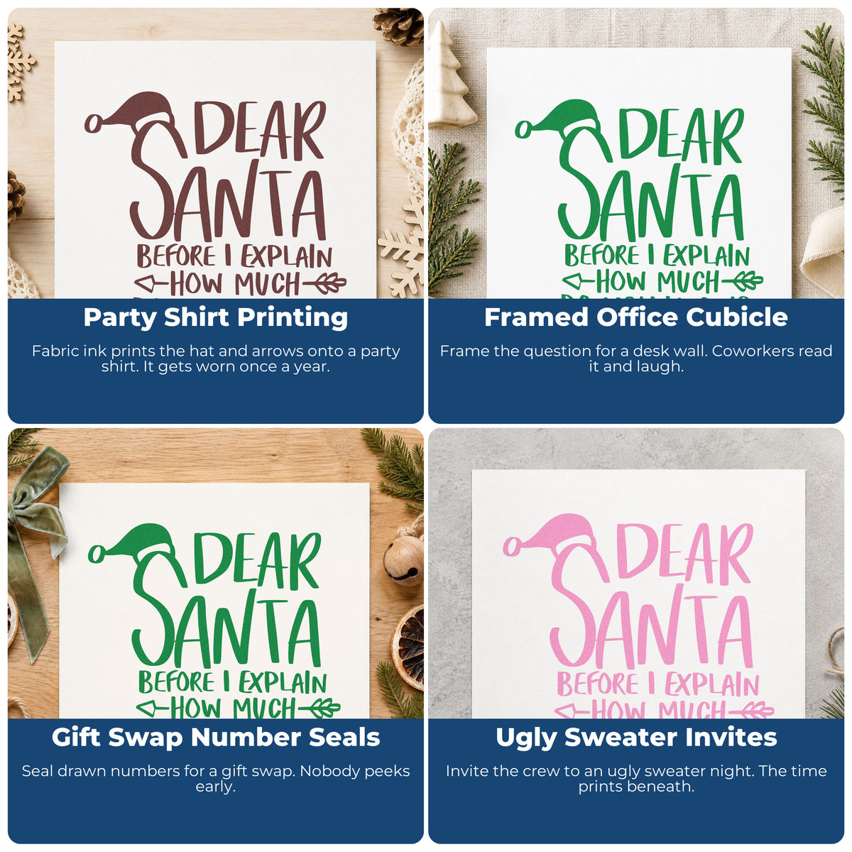 Four ways to use the Dear Santa Before I Explain Stamp – Wood Handle: party shirt printing, framed office cubicle, gift swap number seals and ugly sweater invites.