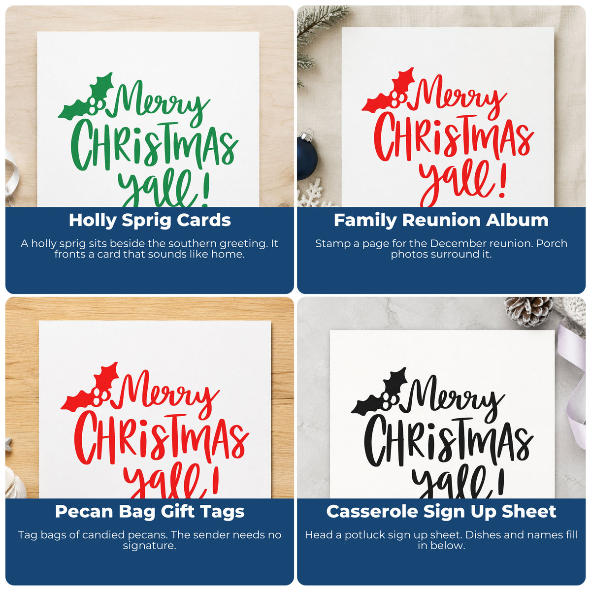 Four ways to use the Merry Christmas Yall Holly Pre-Inked Stamp – PSI: holly sprig cards, family reunion album, pecan bag gift tags and casserole sign up sheet.