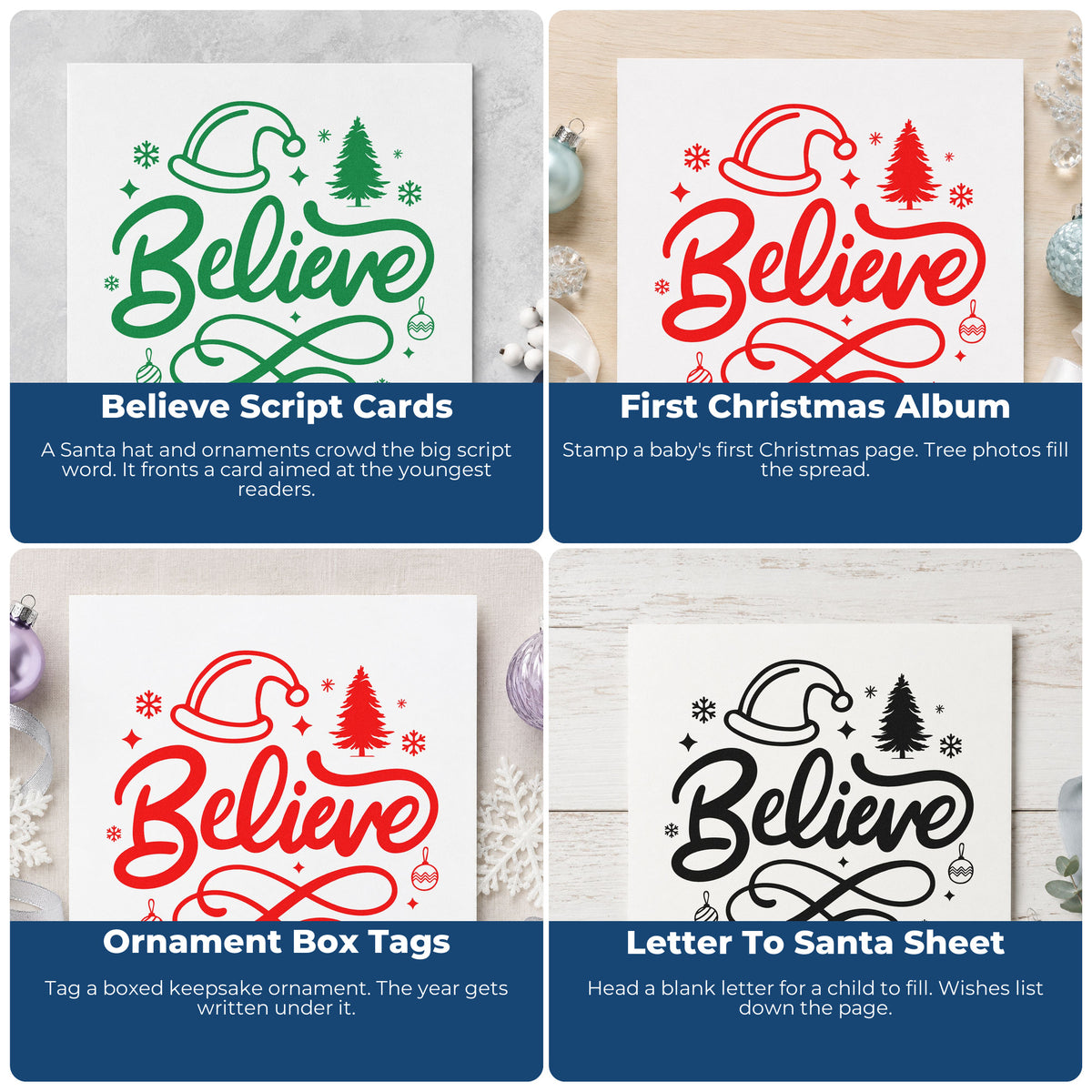 Four ways to use the Believe Christmas Hat Tree Premium Wood-Mounted Stamp - Vintage Pro: believe script cards, first christmas album, ornament box tags and letter to santa sheet.