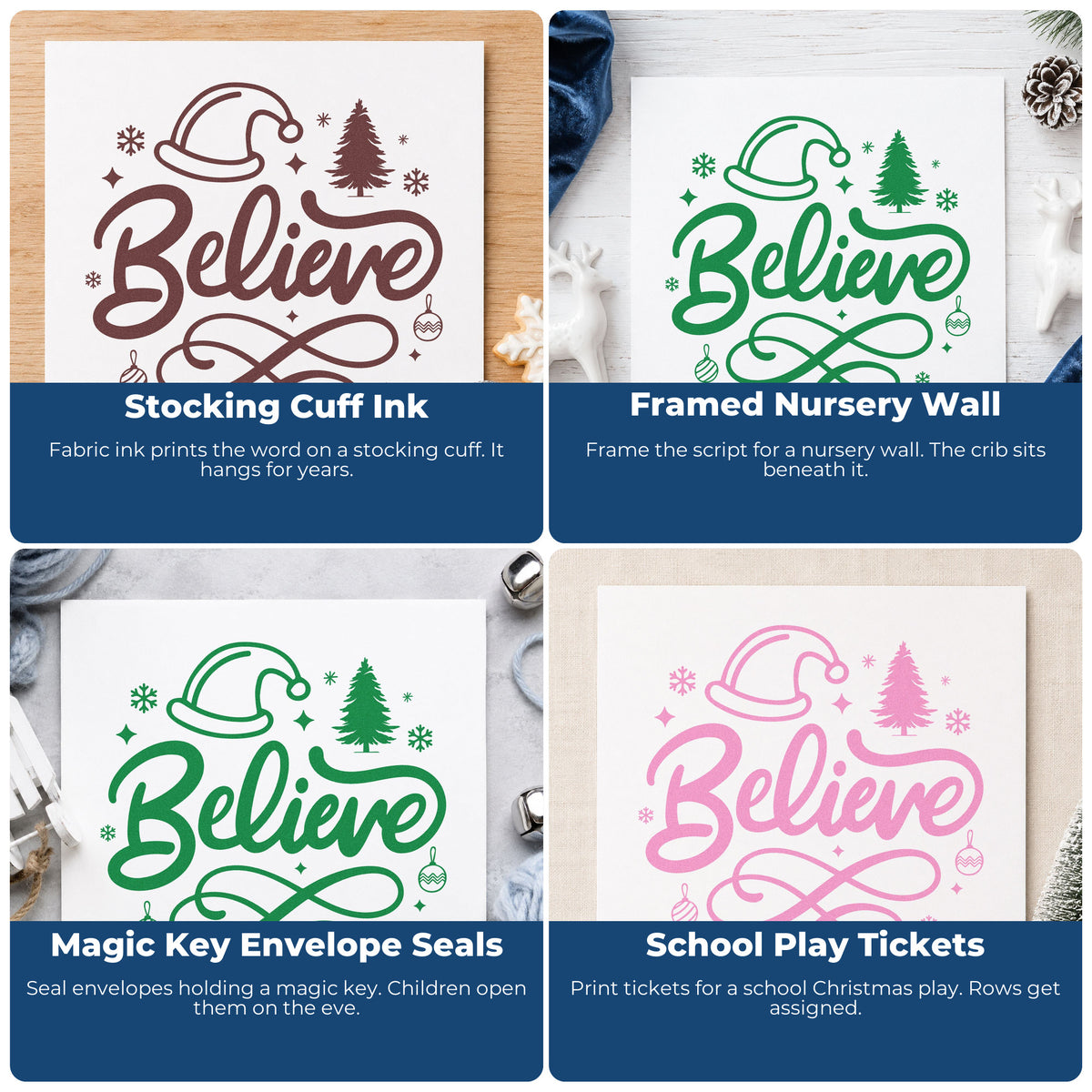 Four ways to use the Believe Christmas Hat Tree Hand Stamp – Duo: stocking cuff ink, framed nursery wall, magic key envelope seals and school play tickets.