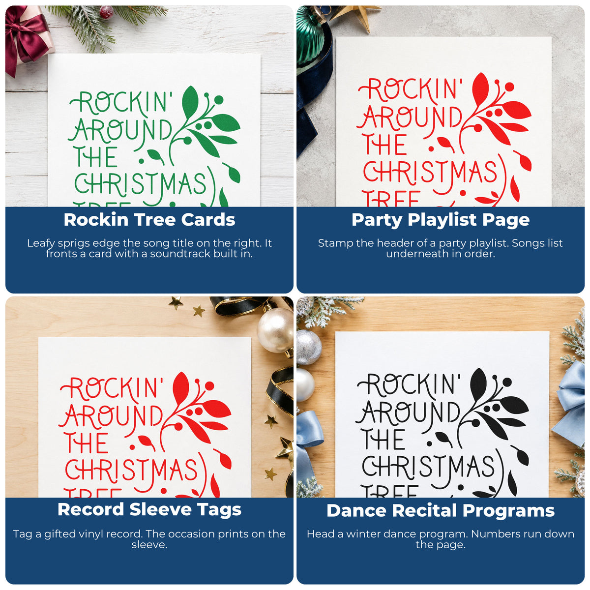 Four ways to use the Self-Inking Rockin Around Christmas Tree Stamp: rockin tree cards, party playlist page, record sleeve tags and dance recital programs.