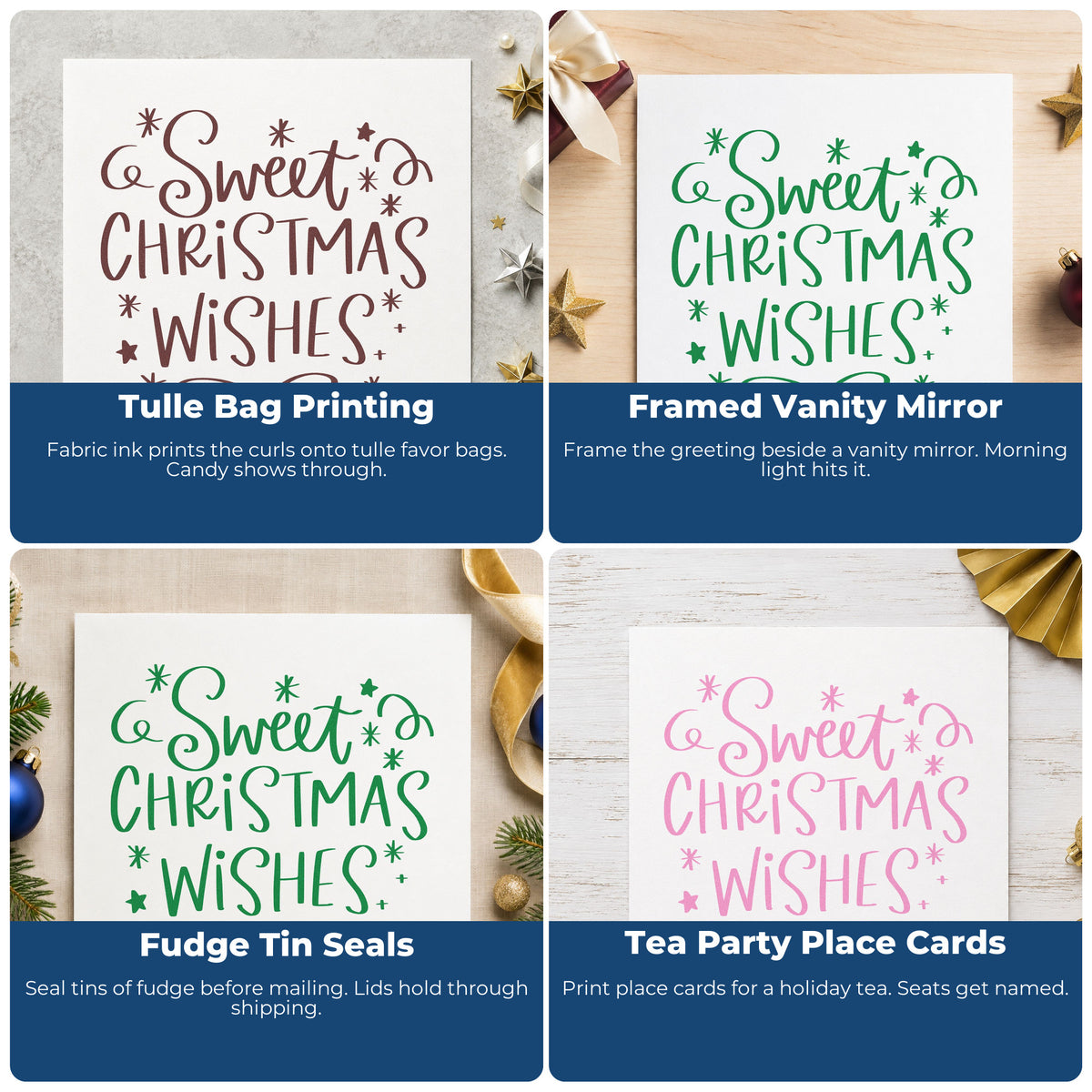 Four ways to use the Sweet Christmas Wishes Snowflakes Stamp – PSI Pre-Inked: tulle bag printing, framed vanity mirror, fudge tin seals and tea party place cards.