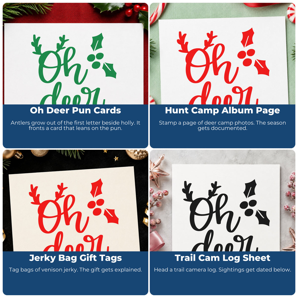Four ways to use the Holly And Antlers Oh Deer Premium Wood-Mounted Stamp - Vintage Pro: oh deer pun cards, hunt camp album page, jerky bag gift tags and trail cam log sheet.