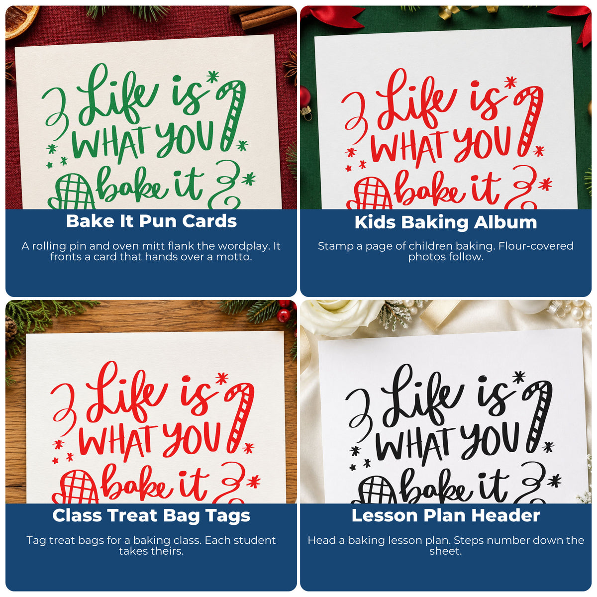 Four ways to use the Life Is What You Bake It Pre-Inked Stamp – Slim: bake it pun cards, kids baking album, class treat bag tags and lesson plan header.