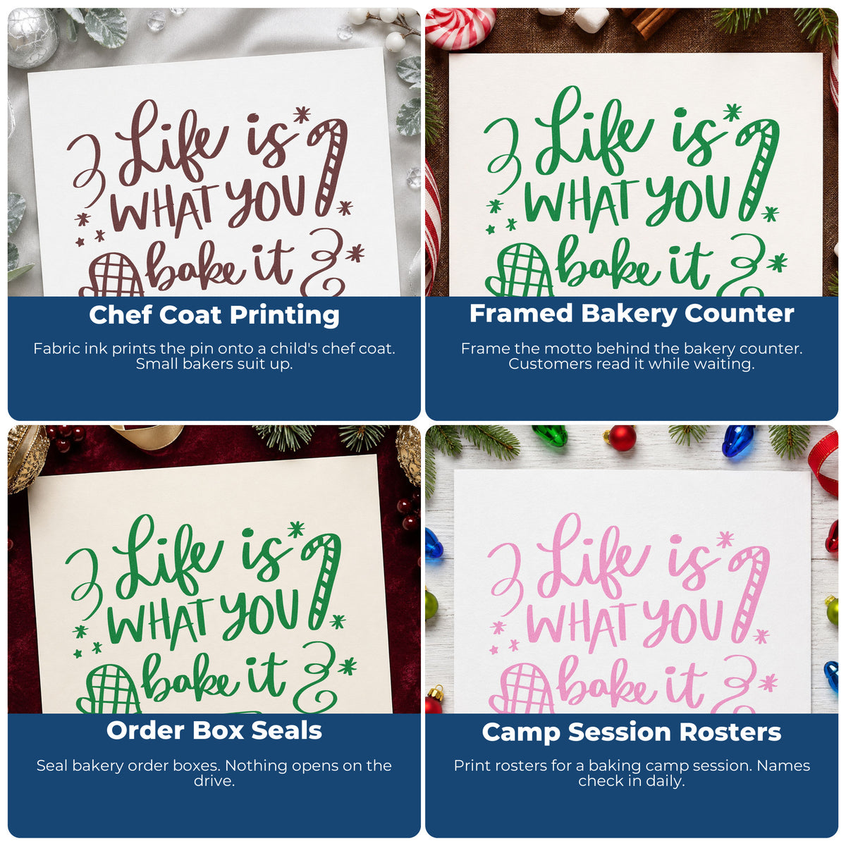 Four ways to use the Life Is What You Bake It Pre-Inked Stamp – Slim: chef coat printing, framed bakery counter, order box seals and camp session rosters.