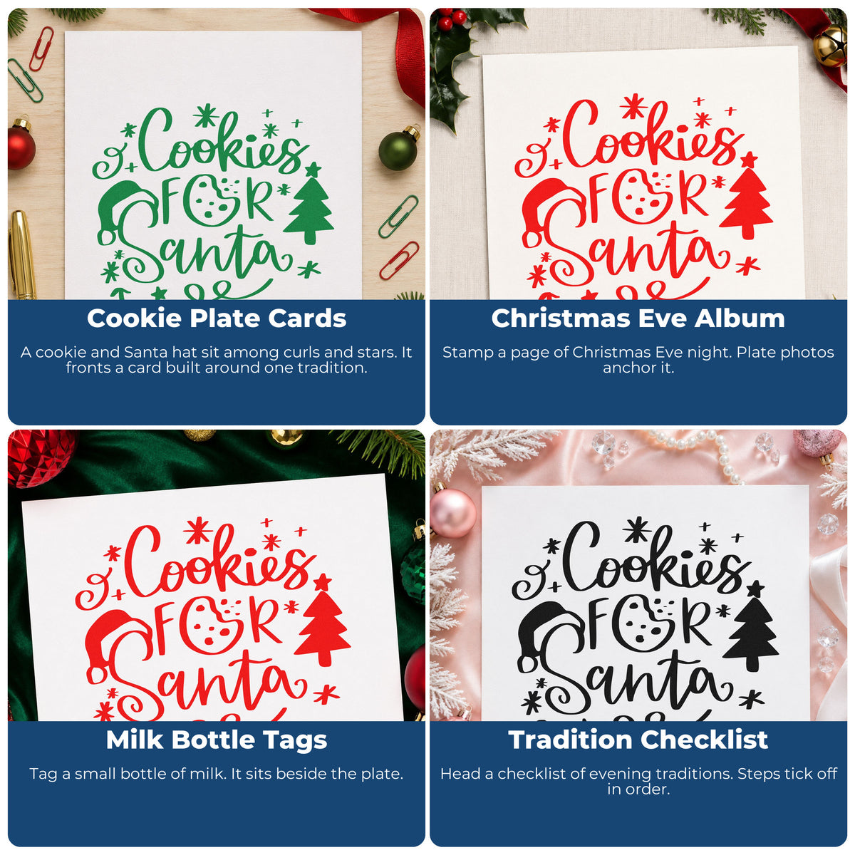 Four ways to use the Cookies For Santa Tree Motif Premium Wooden Stamp - Vintage Pro: cookie plate cards, christmas eve album, milk bottle tags and tradition checklist.