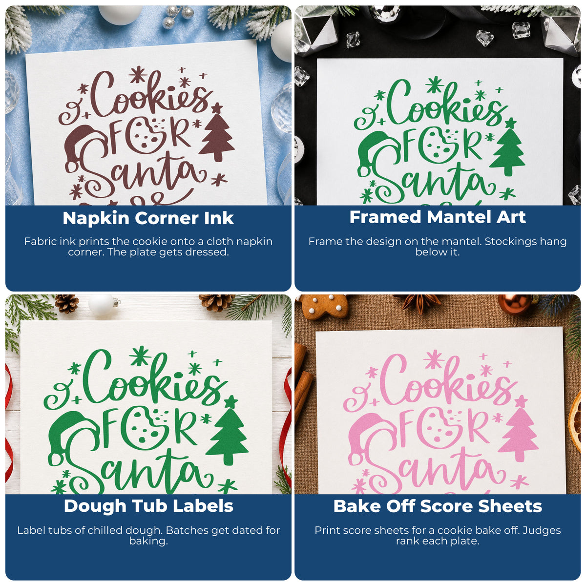 Four ways to use the Cookies For Santa Tree Motif Pre-Inked Stamp – PSI: napkin corner ink, framed mantel art, dough tub labels and bake off score sheets.