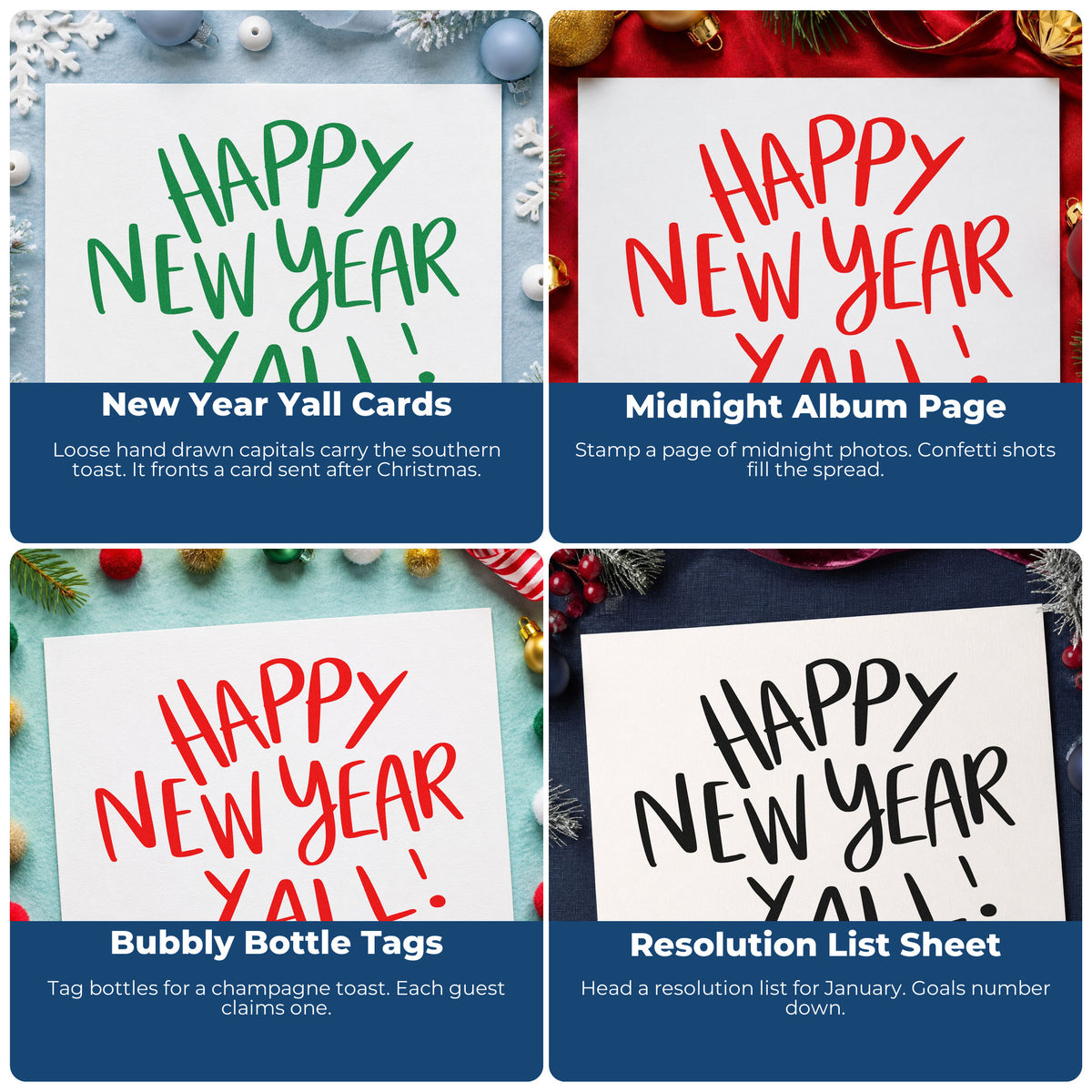 Four ways to use the Happy New Year Yall Premium Wood-Mounted Stamp - Vintage Pro: new year yall cards, midnight album page, bubbly bottle tags and resolution list sheet.