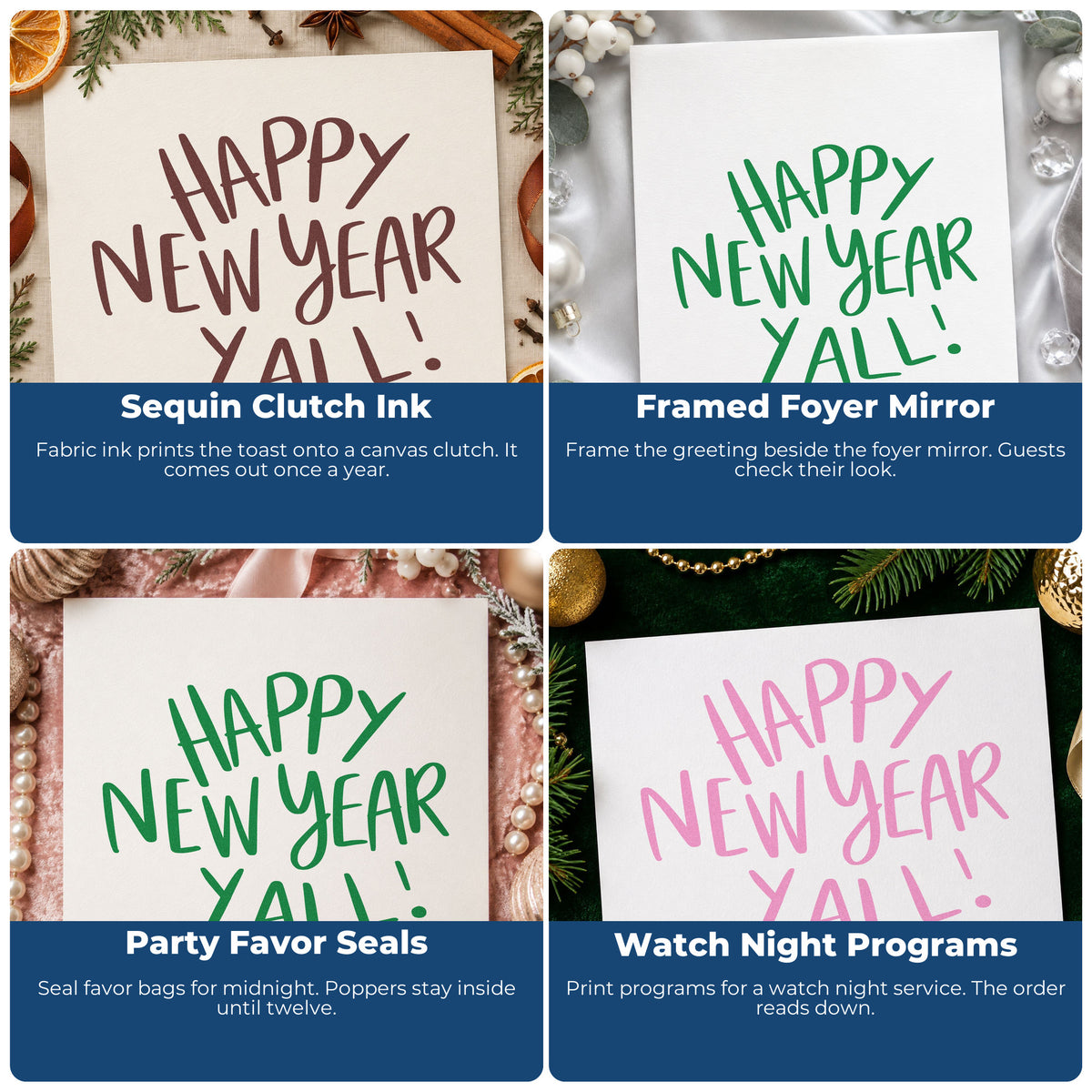 Four ways to use the Happy New Year Yall Rubber Stamp – Duo Hand: sequin clutch ink, framed foyer mirror, party favor seals and watch night programs.