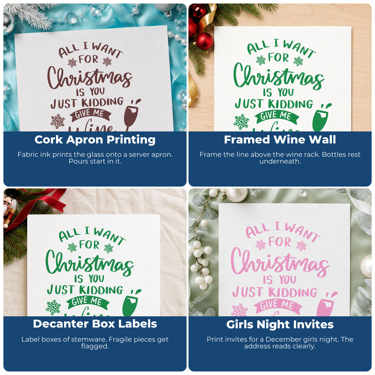 Four ways to use the Christmas Just Give Wine Self-Inking Stamp: cork apron printing, framed wine wall, decanter box labels and girls night invites.