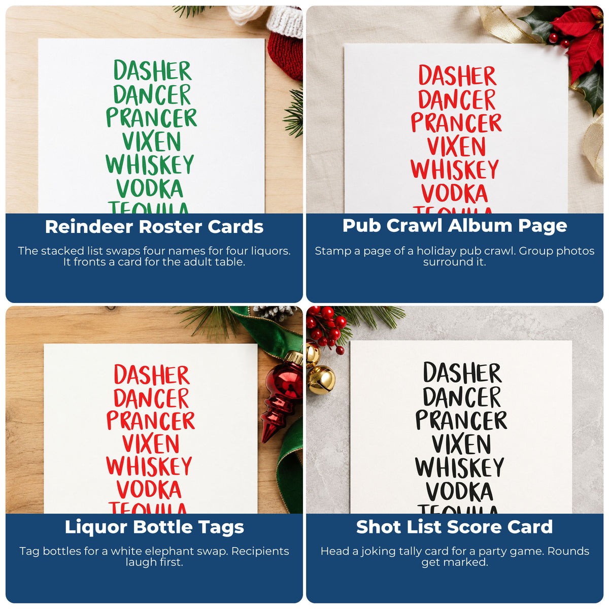 Four ways to use the Reindeer And Spirits List Hand Stamp – Duo: reindeer roster cards, pub crawl album page, liquor bottle tags and shot list score card.