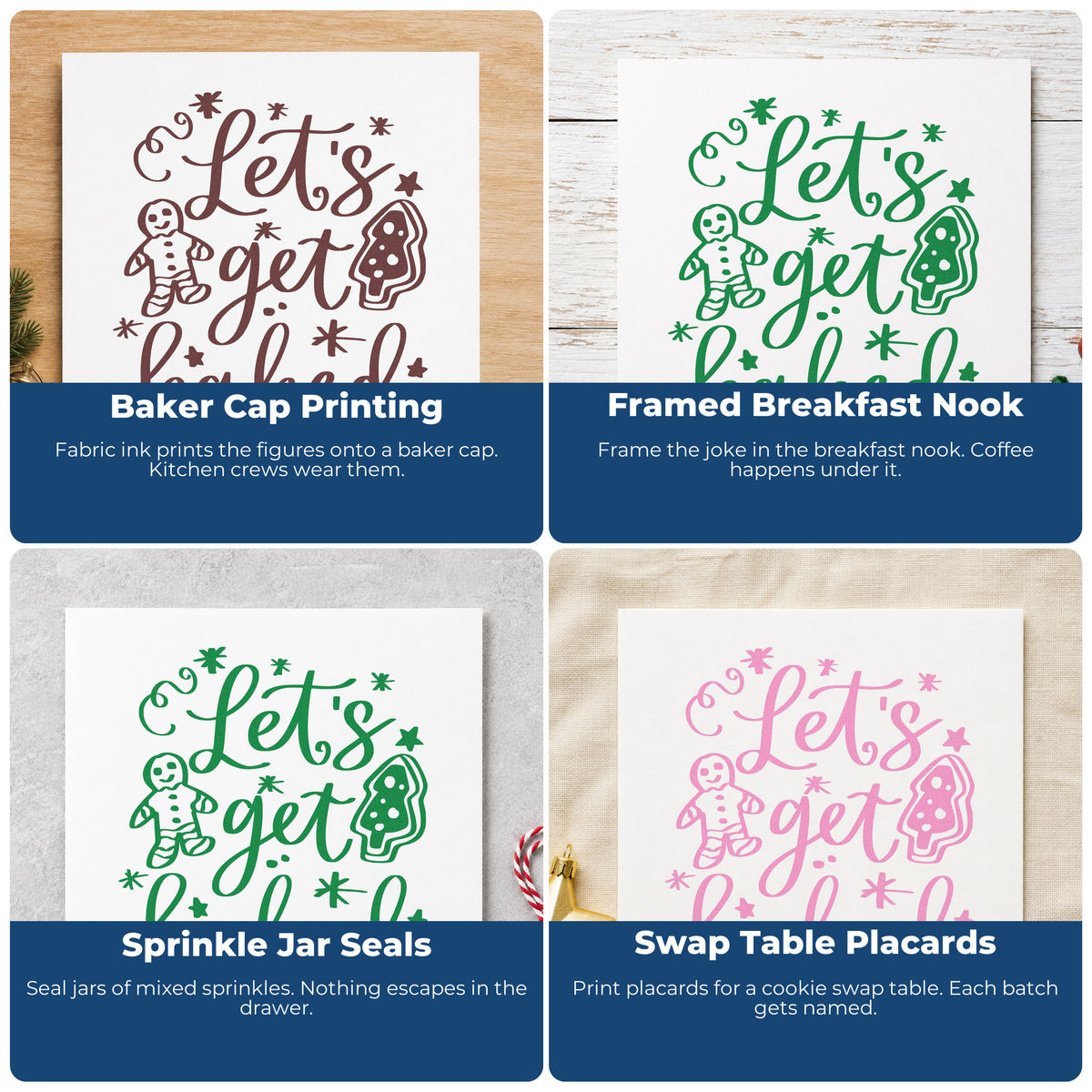 Four ways to use the Let's Get Baked Cookies Gingerbread Self-Inking Stamp: baker cap printing, framed breakfast nook, sprinkle jar seals and swap table placards.
