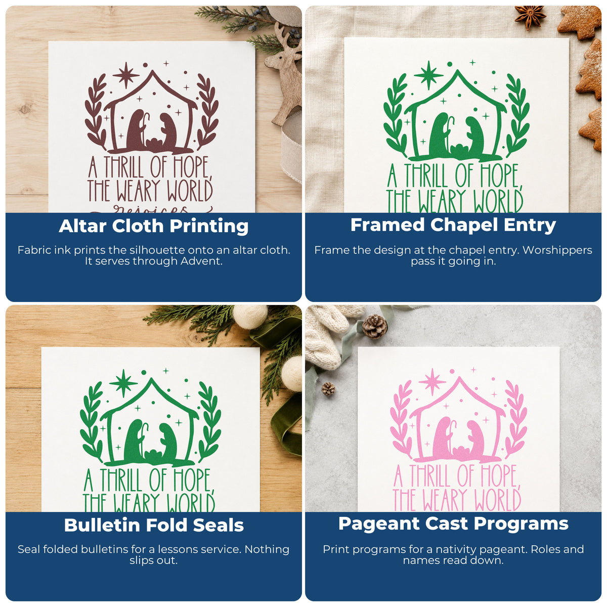 Four ways to use the Thrill Of Hope Nativity Leafy Branches Stamp – Wood Handle: altar cloth printing, framed chapel entry, bulletin fold seals and pageant cast programs.