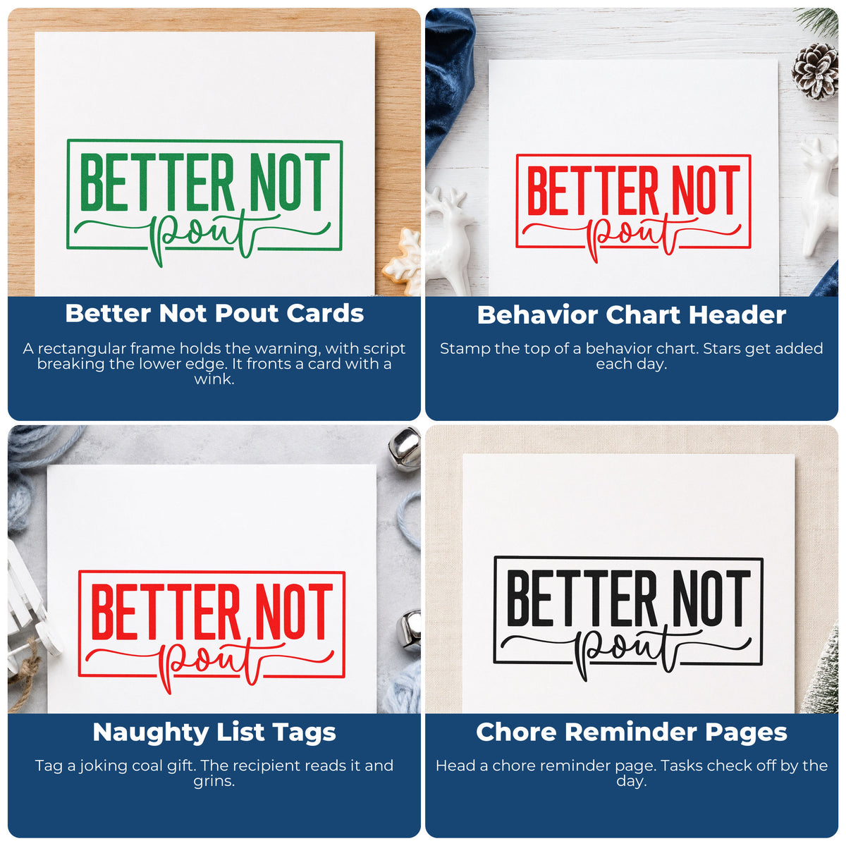 Four ways to use the Wood Handle Better Not Pout Frame Rubber Stamp: better not pout cards, behavior chart header, naughty list tags and chore reminder pages.