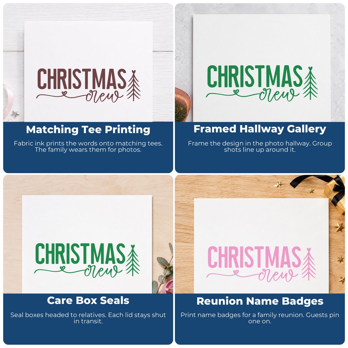 Four ways to use the Christmas Crew With Tree Rubber Stamp – Wood Handle: matching tee printing, framed hallway gallery, care box seals and reunion name badges.