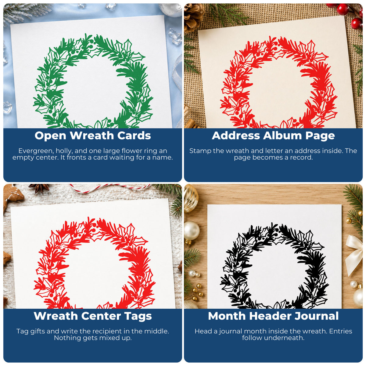 Four ways to use the Pre-Inked Holly And Pine Blossom Wreath Stamp – PSI: open wreath cards, address album page, wreath center tags and month header journal.