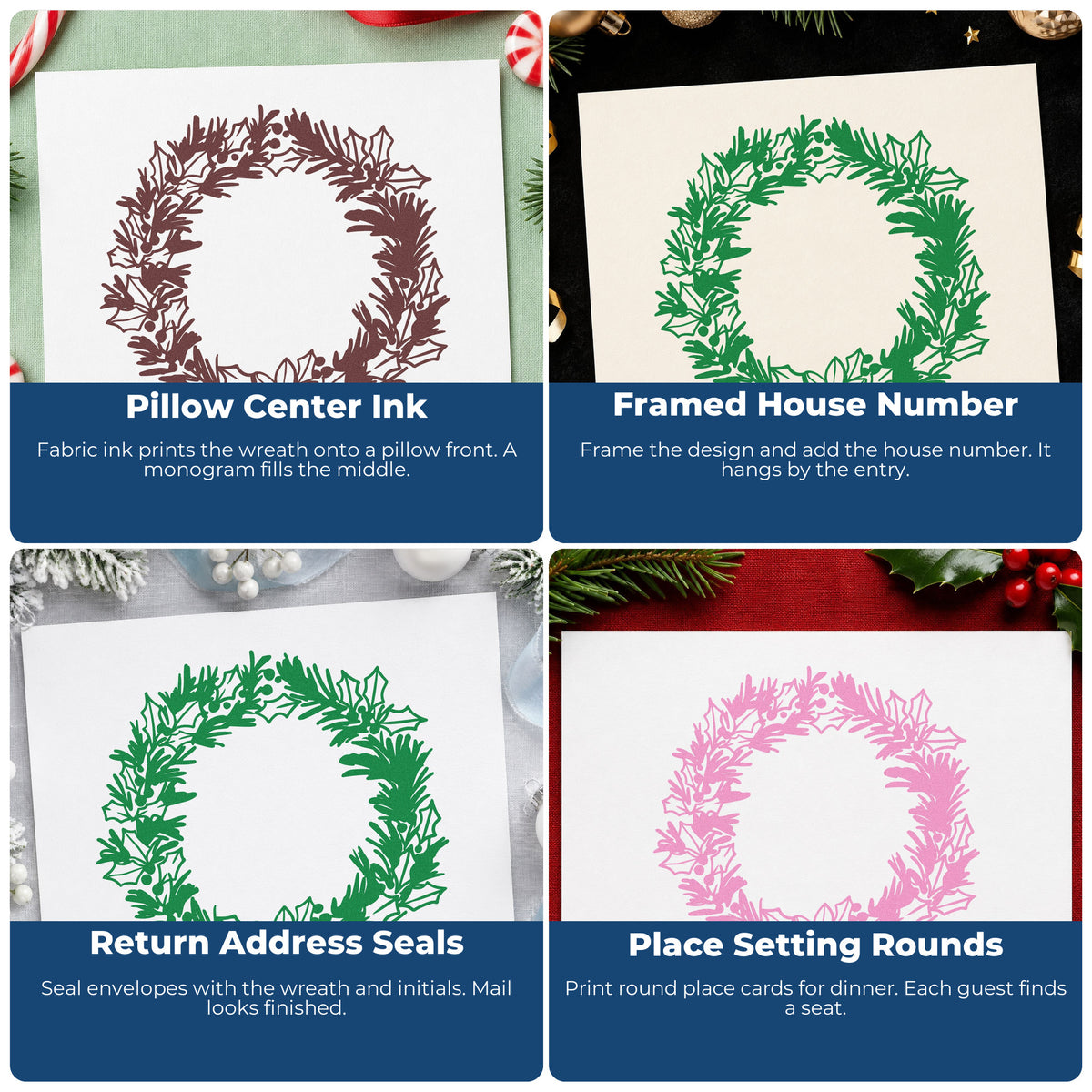 Four ways to use the Holly And Pine Blossom Wreath Hand Stamp – Duo: pillow center ink, framed house number, return address seals and place setting rounds.