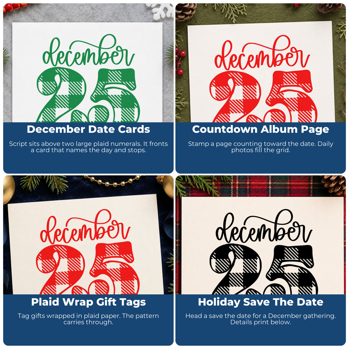 Four ways to use the December Twenty Five Plaid Script Lettering Stamp – Wood Handle: december date cards, countdown album page, plaid wrap gift tags and holiday save the date.