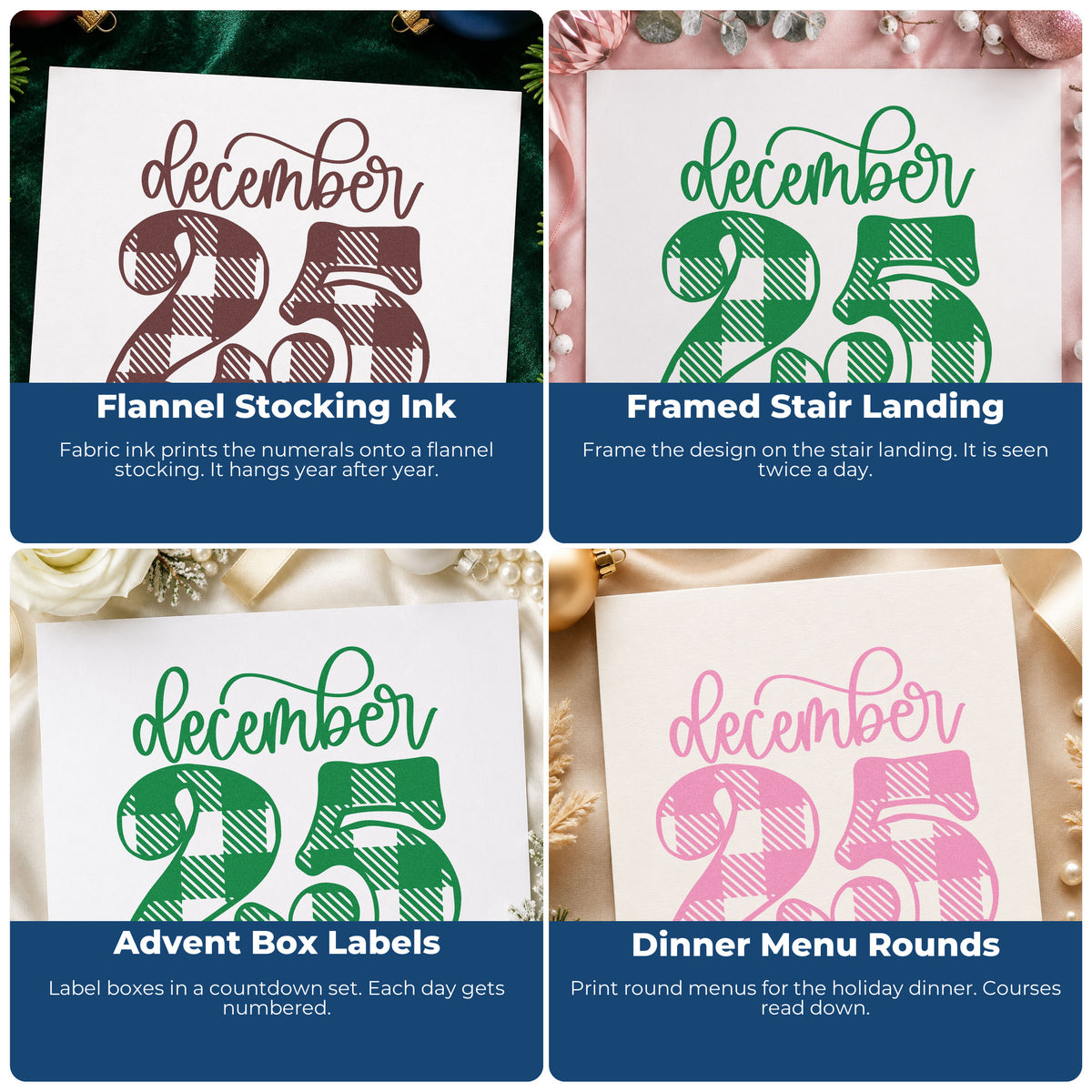 Four ways to use the December Twenty Five Plaid Script Lettering Stamp – Wood Handle: flannel stocking ink, framed stair landing, advent box labels and dinner menu rounds.