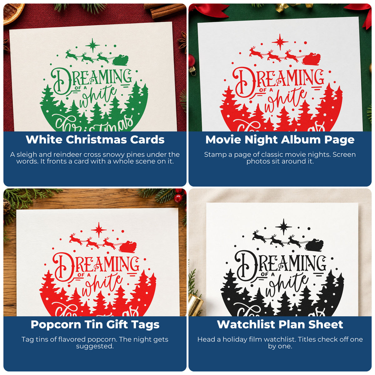 Four ways to use the Dreaming White Christmas Landscape Duo Hand Stamp: white christmas cards, movie night album page, popcorn tin gift tags and watchlist plan sheet.