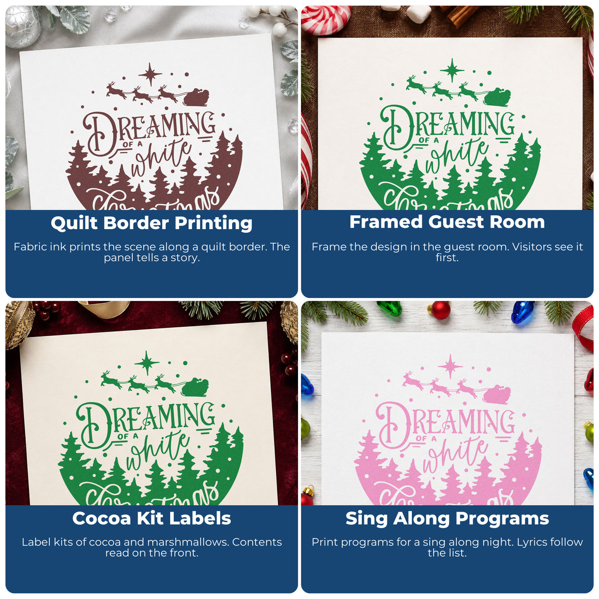 Four ways to use the PSI Pre-Inked Dreaming White Christmas Landscape Stamp: quilt border printing, framed guest room, cocoa kit labels and sing along programs.