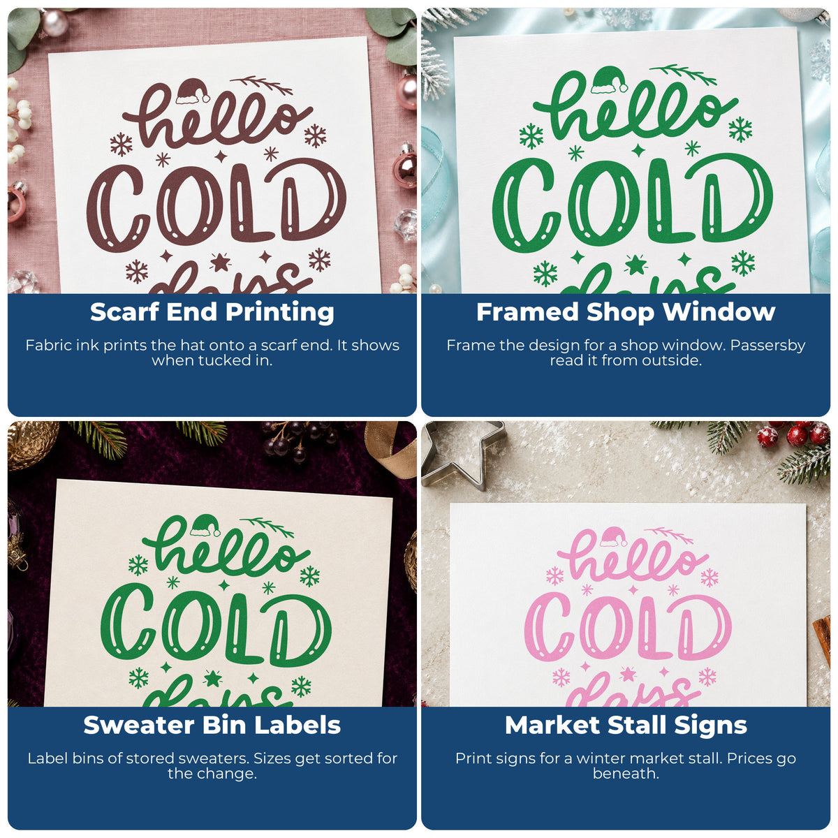 Four ways to use the Winter Hat And Snowflakes Hello Cold Days Slim Pre-Inked Stamp: scarf end printing, framed shop window, sweater bin labels and market stall signs.