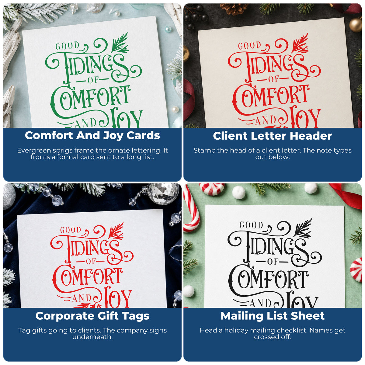 Four ways to use the Good Tidings Of Comfort And Joy Premium Wood-Mounted Stamp - Vintage Pro: comfort and joy cards, client letter header, corporate gift tags and mailing list sheet.