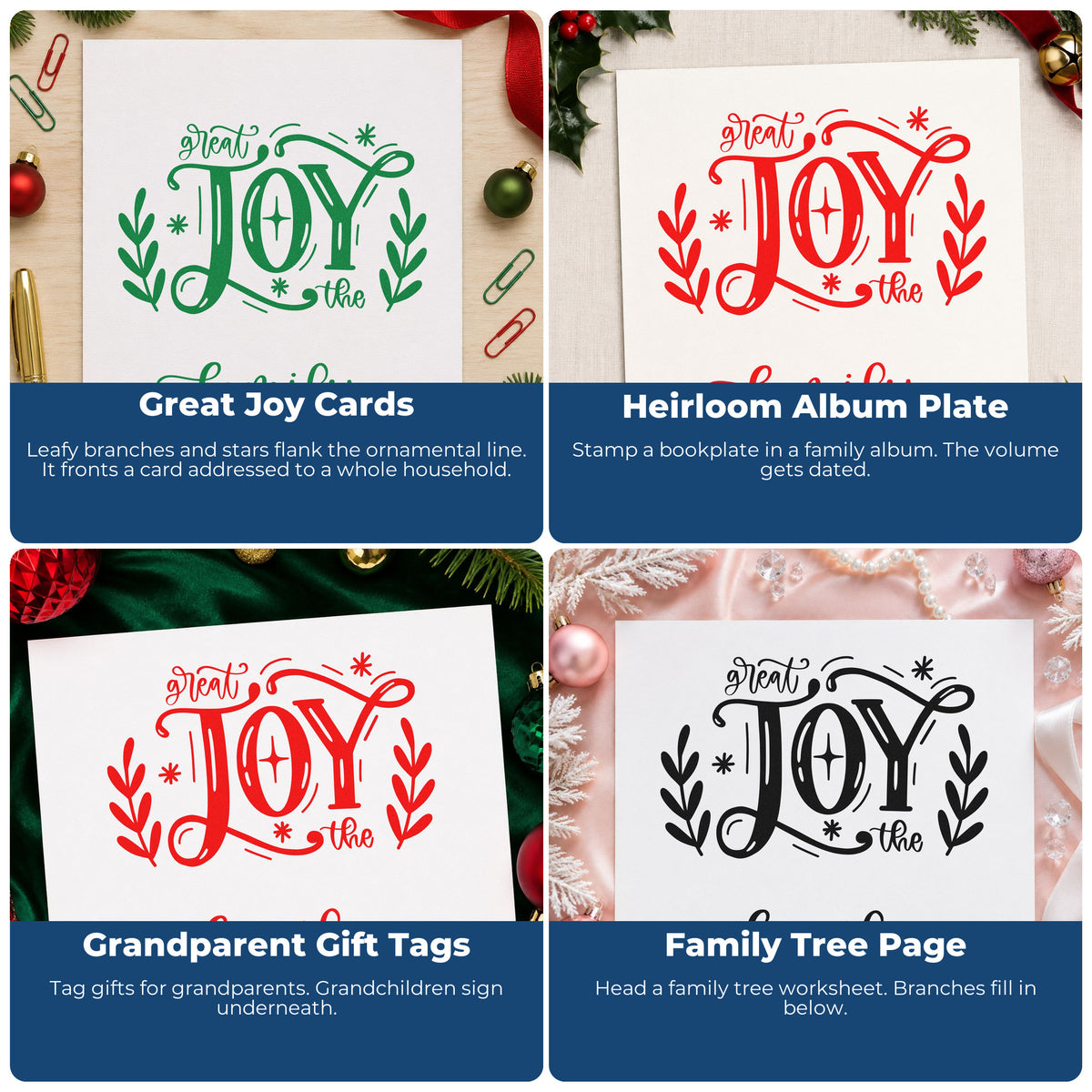 Four ways to use the Great Joy To The Family Leafy Branches Stamp – PSI Pre-Inked: great joy cards, heirloom album plate, grandparent gift tags and family tree page.