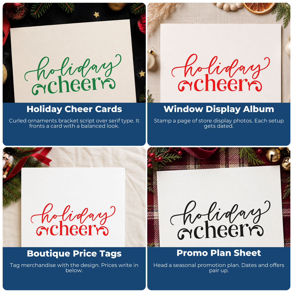 Four ways to use the Holiday Cheer Flourishes Ornaments Premium Wooden Stamp - Vintage Pro: holiday cheer cards, window display album, boutique price tags and promo plan sheet.