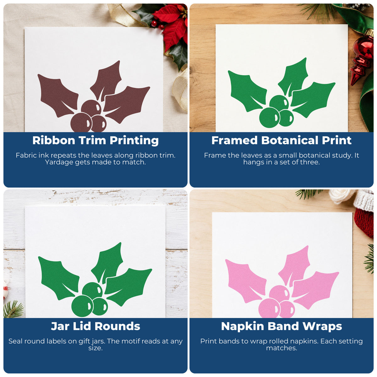 Four ways to use the Holly Sprig With Three Leaves Craft Stamp – Self-Inking: ribbon trim printing, framed botanical print, jar lid rounds and napkin band wraps.