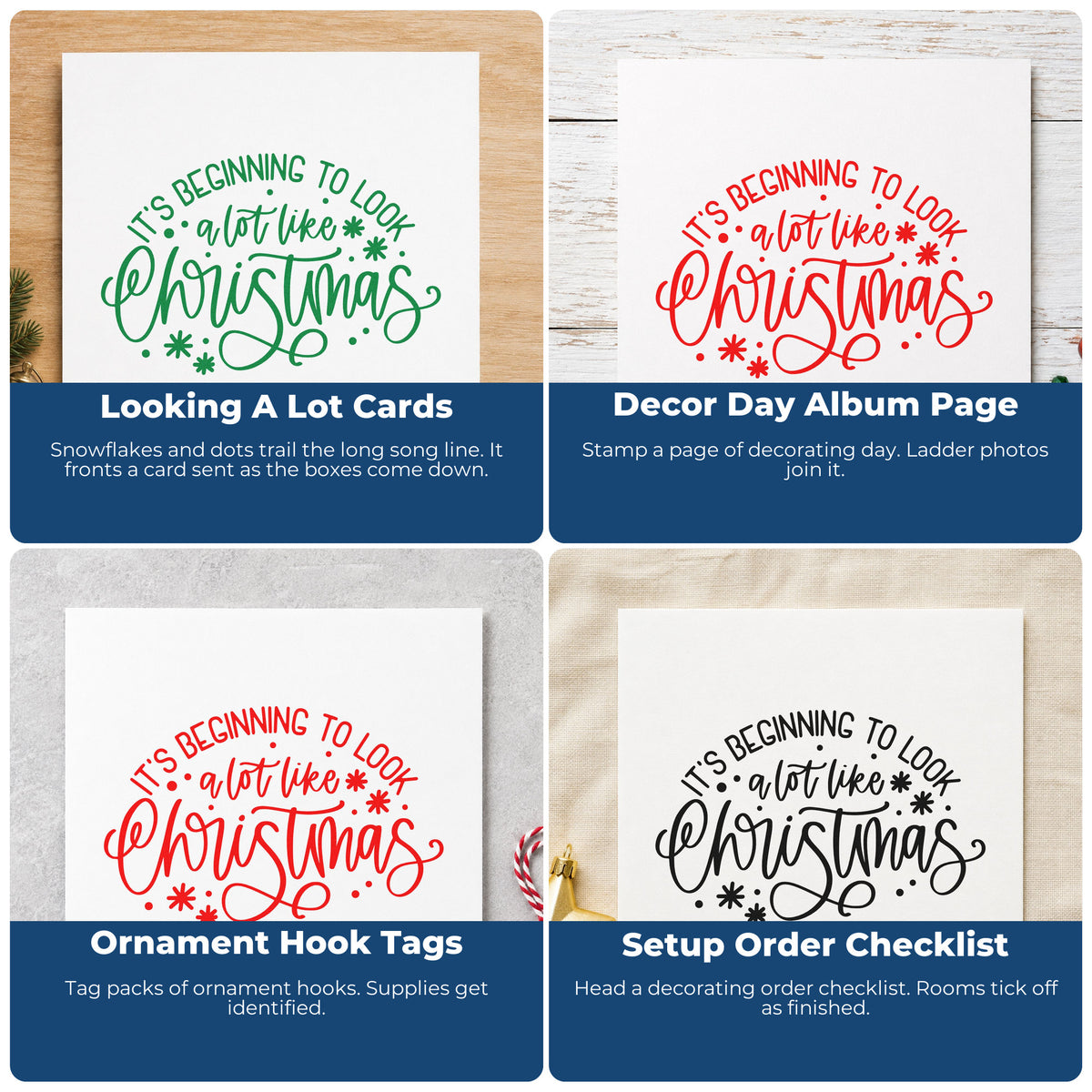 Four ways to use the Beginning To Look Like Christmas Stamp – Wood Handle: looking a lot cards, decor day album page, ornament hook tags and setup order checklist.