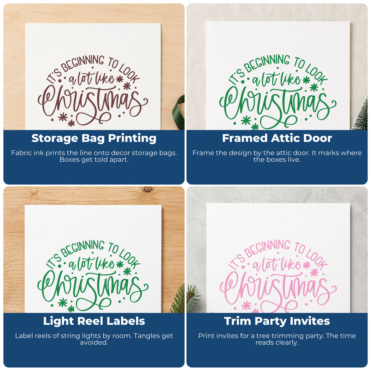 Four ways to use the Beginning To Look Like Christmas PSI Pre-Inked Stamp: storage bag printing, framed attic door, light reel labels and trim party invites.