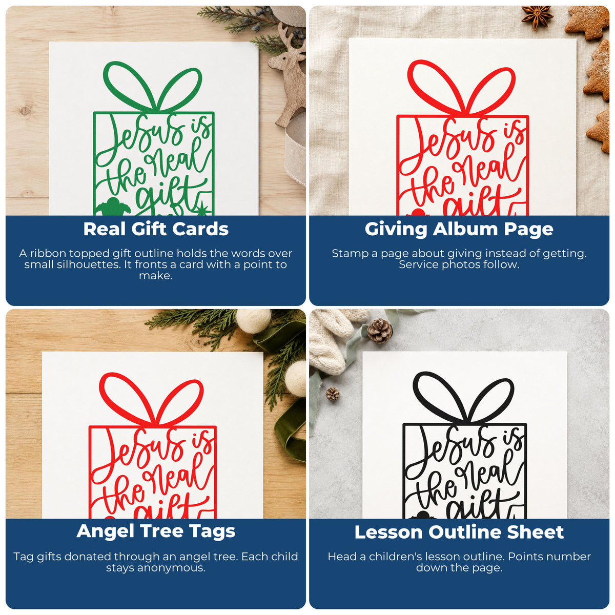Four ways to use the Slim Pre-Inked Jesus Is The Real Gift Nativity Stamp: real gift cards, giving album page, angel tree tags and lesson outline sheet.