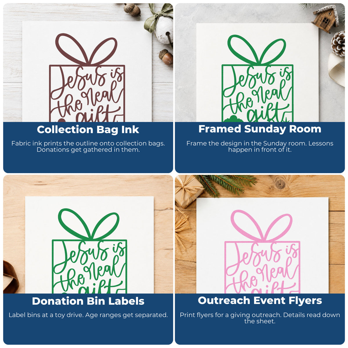 Four ways to use the Jesus Is The Real Gift Nativity Pre-Inked Stamp – PSI: collection bag ink, framed sunday room, donation bin labels and outreach event flyers.