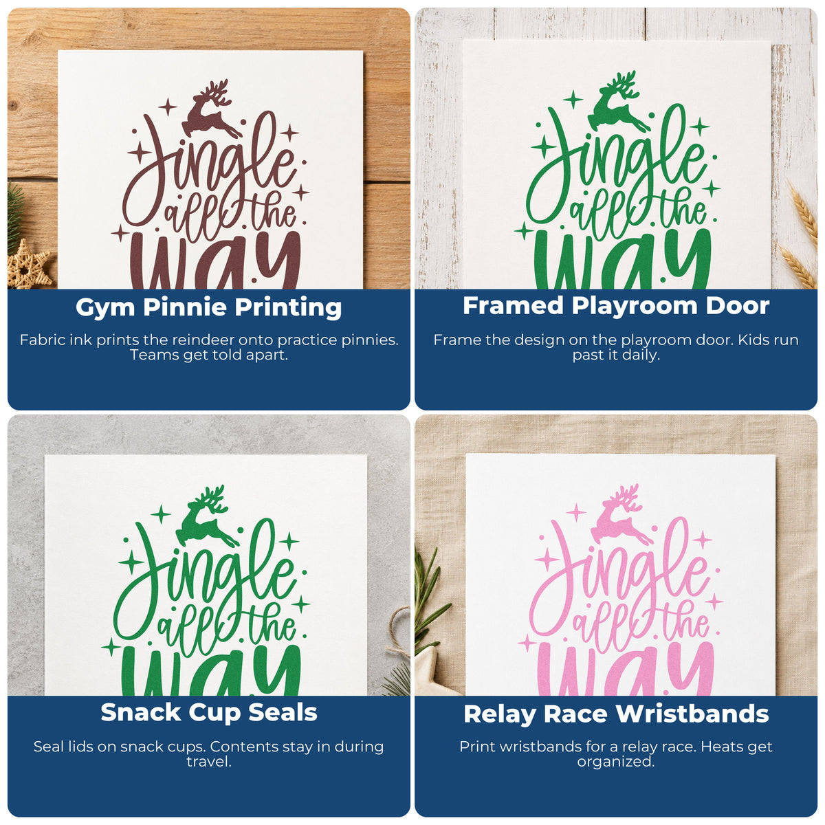 Four ways to use the Jingle All The Way Reindeer Hand Stamp – Duo: gym pinnie printing, framed playroom door, snack cup seals and relay race wristbands.