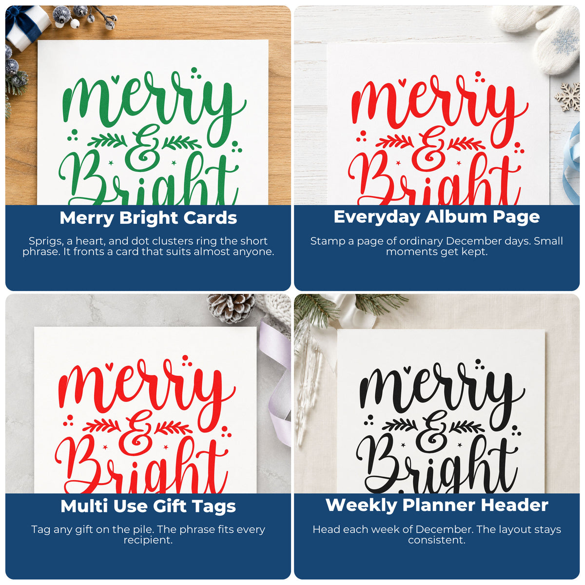 Four ways to use the Wood Handle Merry And Bright Leaves Rubber Stamp: merry bright cards, everyday album page, multi use gift tags and weekly planner header.