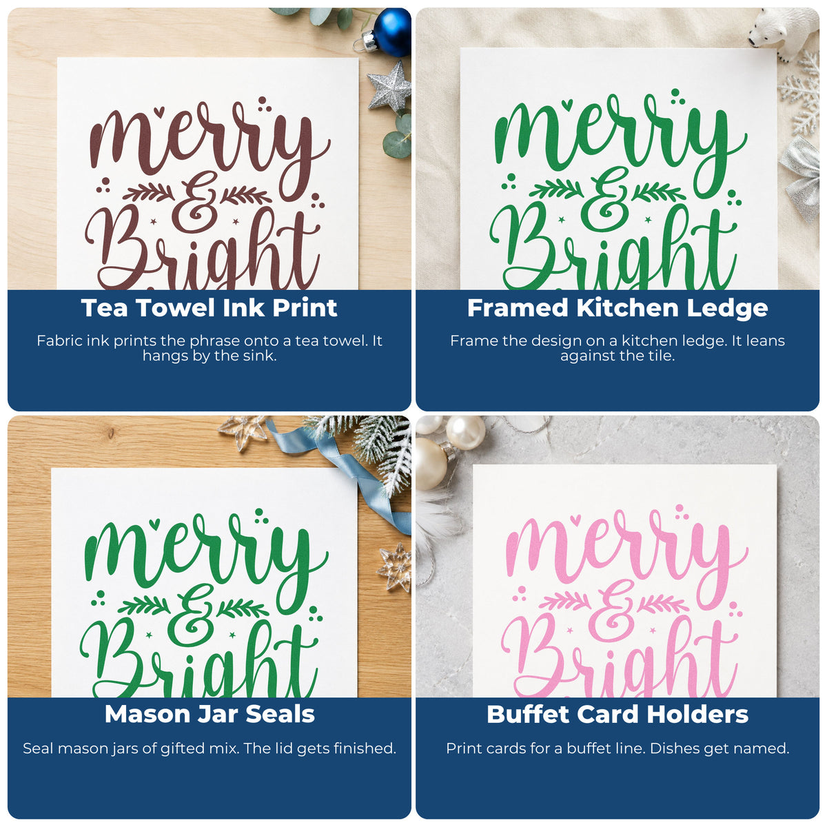 Four ways to use the Wood Handle Merry And Bright Leaves Rubber Stamp: tea towel ink print, framed kitchen ledge, mason jar seals and buffet card holders.