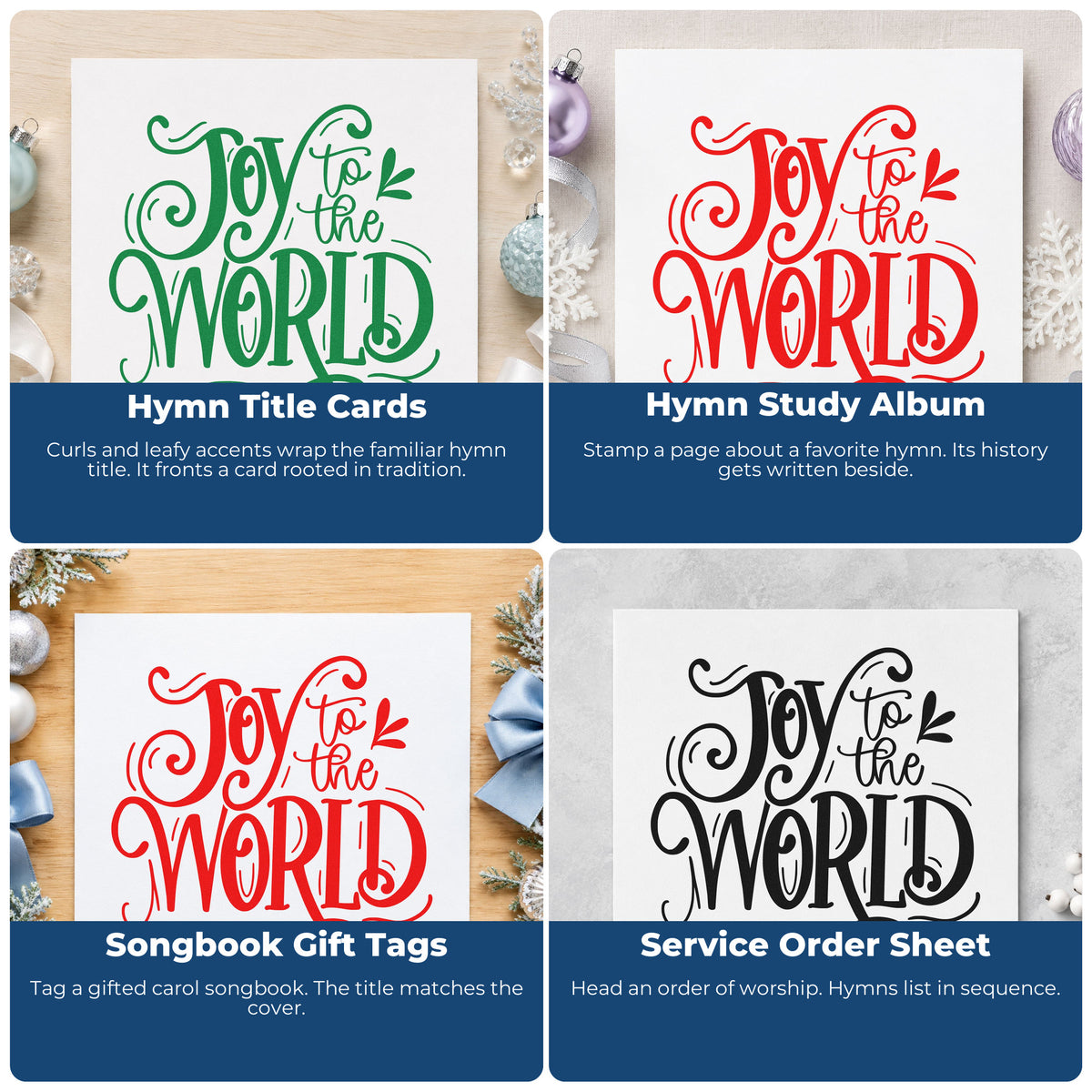 Four ways to use the Joy To The World Ornate Hand Stamp – Duo: hymn title cards, hymn study album, songbook gift tags and service order sheet.