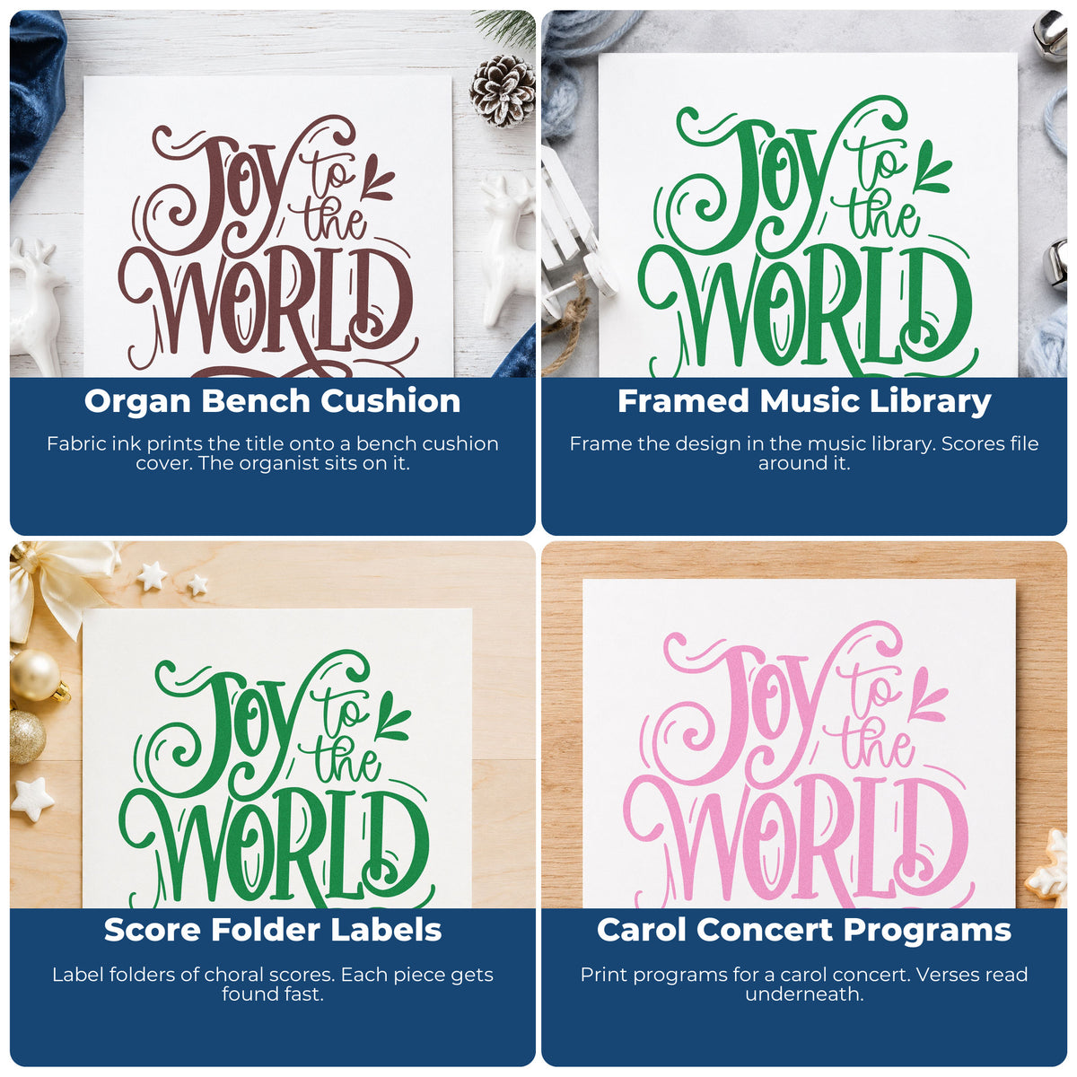 Four ways to use the Joy To The World Ornate Stamp – Slim Pre-Inked: organ bench cushion, framed music library, score folder labels and carol concert programs.