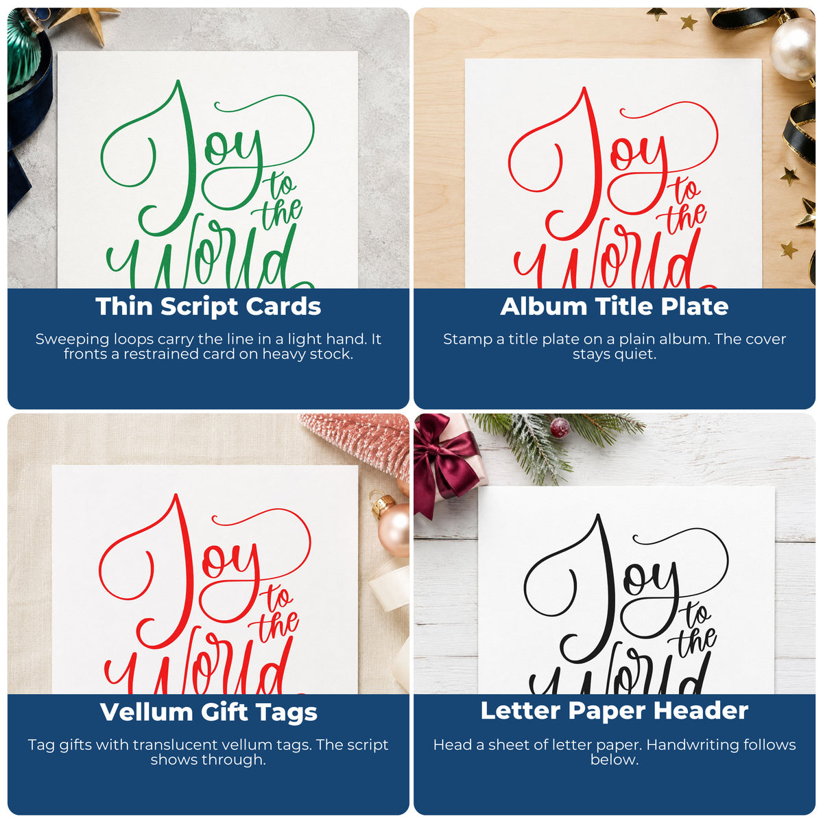 Four ways to use the Joy To The World Thin Script Lettering Pre-Inked Stamp – PSI: thin script cards, album title plate, vellum gift tags and letter paper header.