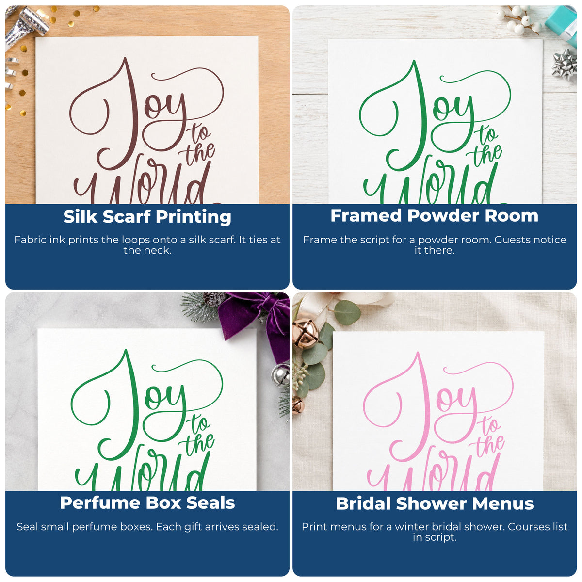 Four ways to use the Joy To The World Thin Script Lettering Rubber Stamp – Duo Hand: silk scarf printing, framed powder room, perfume box seals and bridal shower menus.